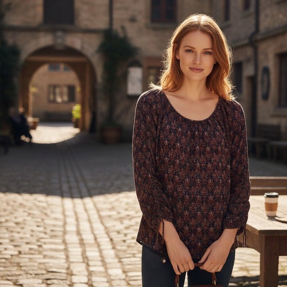 NWT Lucky Brand Brown Western Boho Print Peasant Top Long Sleeve Size XL